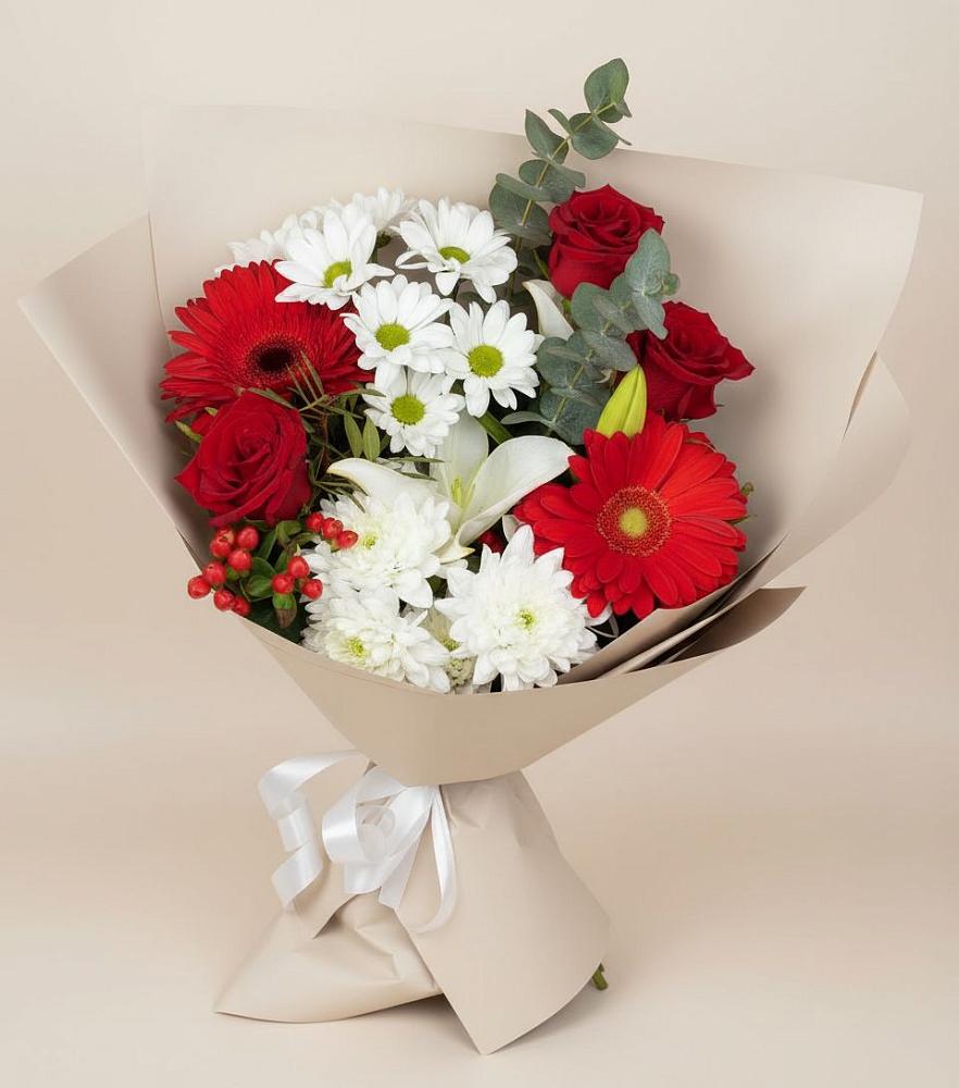 Букет цветов из: Розы, Хризантемы, Герберы и Лилии в Марьянской