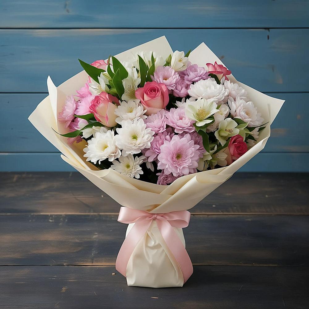 Букет цветов из: Хризантемы, Альстромерии и Розы в Марьянской